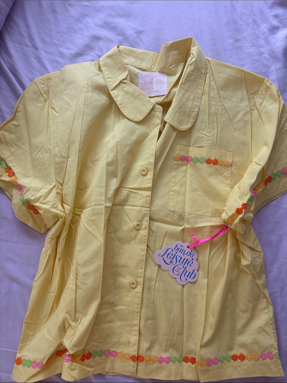 ban.do Yellow Short-Sleeve Button-Up Pajamas set with Floral Trim